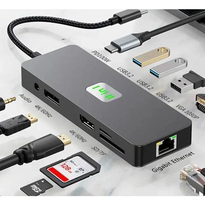 Концентратор USB C 11-в-1, тот же экран/другой дисплей, адаптер USB C для MacBook Pro/Air, HDTV 4K60 Гц/DP HD/VGA/аудио3,5 мм/PD 100 Вт