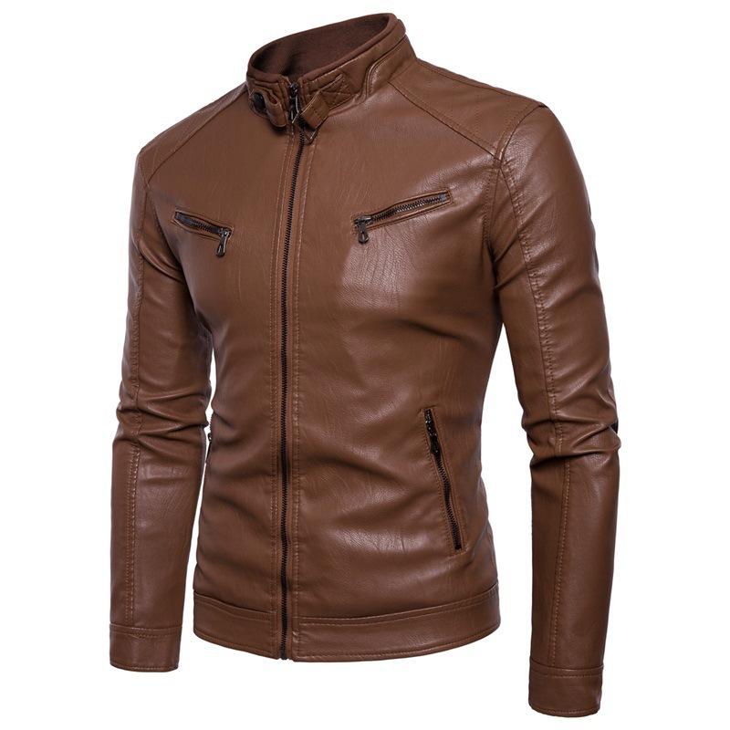 Large size velvet men's leather jacket, stand-up collar iron buckle men's locomotive leather jacket