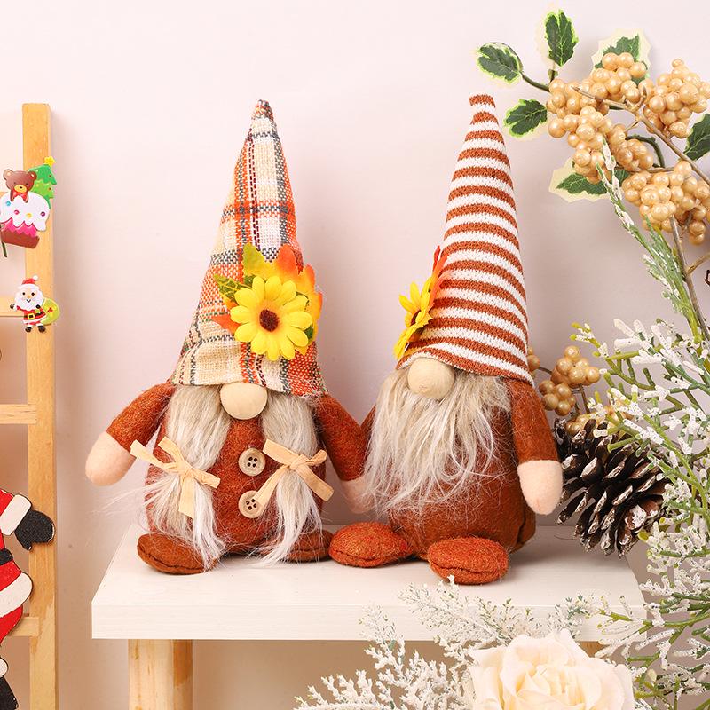 Thanksgiving Gnome Figurine with Sunflower, Maple Leaf, and No-Face Doll Design