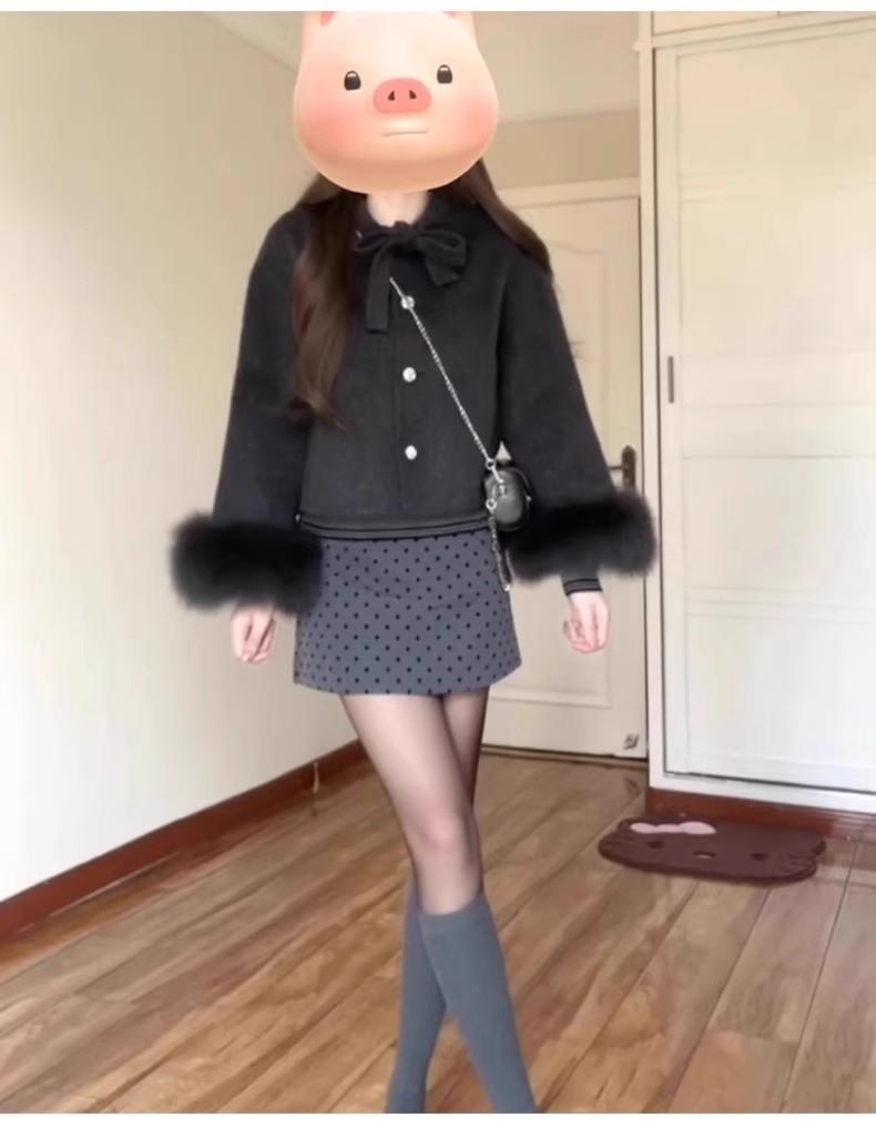 Slightly Chubby Girls' Polka Dot Woolen Half-Length Skirt - 2025 Spring/Autumn Korean Style, Elegant Fit, Retro Hip-Hugging Design