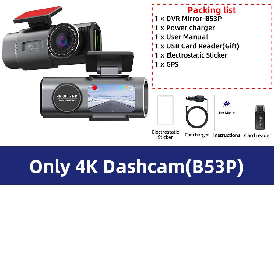 E-ACE Мини-видеорегистратор 4K, GPS, Wi-Fi, 24 часа, двойной объектив для парковки, камера заднего вида 1080P, черный ящик ночного видения для автомобиля