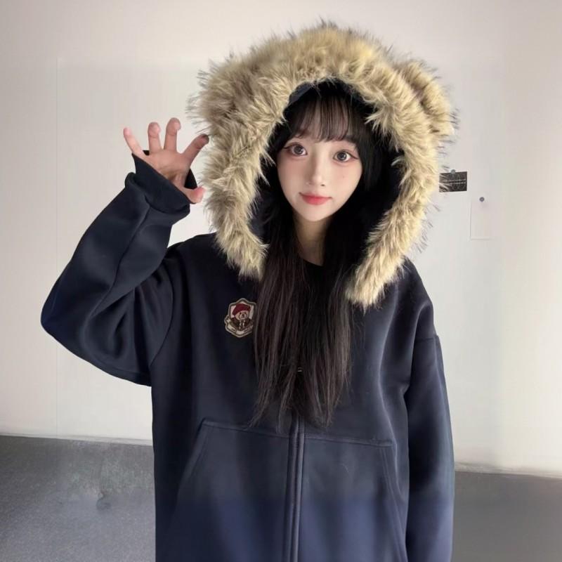 Winter Casual Hooded Sweatshirt Bear Ear Fleece Trim Cardigan Warm Versatile Unique Design