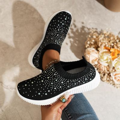 Модные кроссовки женские блестящие хрустальные туфли на плоской подошве весенние дышащие вязаные кроссовки на платформе женские удобные с мягкой подошвой спортивная обувь
