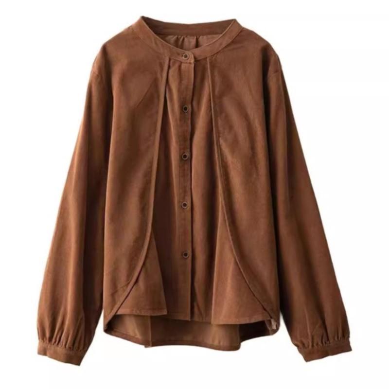 Johnature Woman Autumn Chinese Style Vintage Splicing Turn Down Collar Shirt Long Sleeves Solid Color Corduroy Shirt