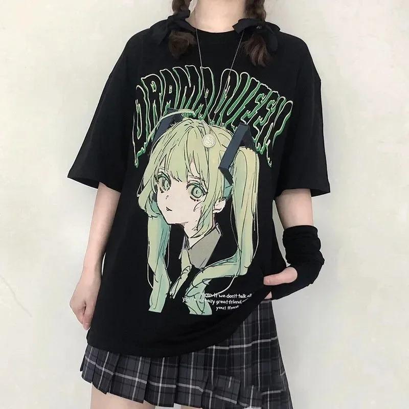 Женская летняя хлопковая футболка MIKU Kawaii Красивая Милая Графическая Футболка Y2K Короткий Рукав Японская Харадзюку Девушка Аниме Футболка