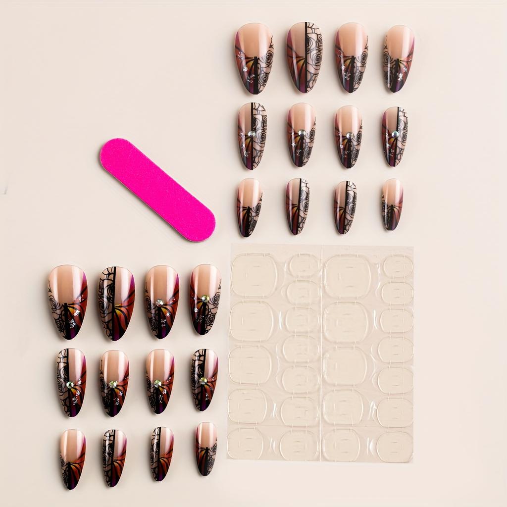 24 шт. глянцевых длинных накладных ногтей-стилетов, французский типс пресс на ногтях с винтажным дизайном роз, накладные ногти со стразами для женщин и девочек