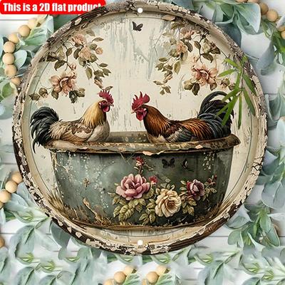 2D плоский 20*20 см 1 шт. Винтажный цветочный и петушиный горшок, декоративный круглый кулон с восхитительной куриной тематикой, идеальное украшение для фермерского дома и курятника