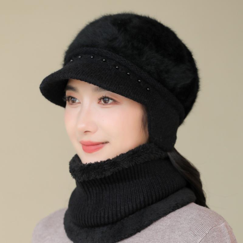 Winter Hat Female Faux Rabbit Fur Ear Protection Wool Hat Plush Thick Warm Knitted Hat