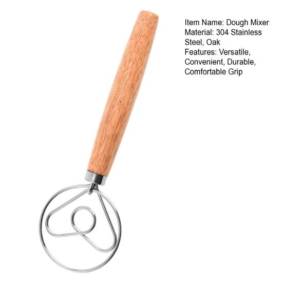 Dough Mixer Stainless Steel Dough Whisk with Wooden Handle Easy-to-clean Bread Whisk for Home Kitchen