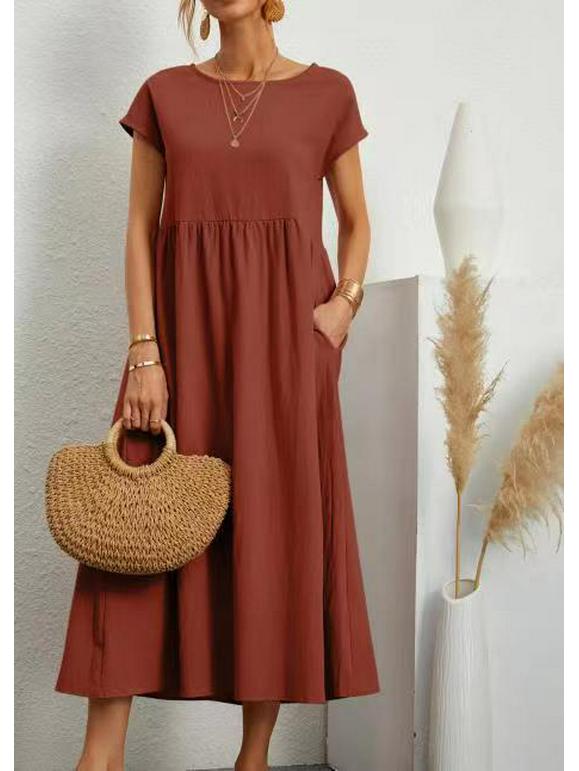 European & American Solid Color Sleeveless Loose Cotton Linen Pocket Dress 2024 In Stock