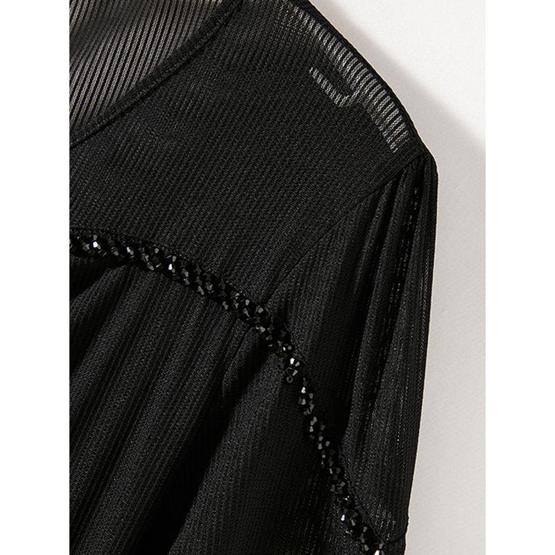 Waffle Stretch Cotton Yarn! Half Cut Out Women's Summer Small V-neck Rhinestone Black Slim Looking T-shirt Age-Reducing Breathable