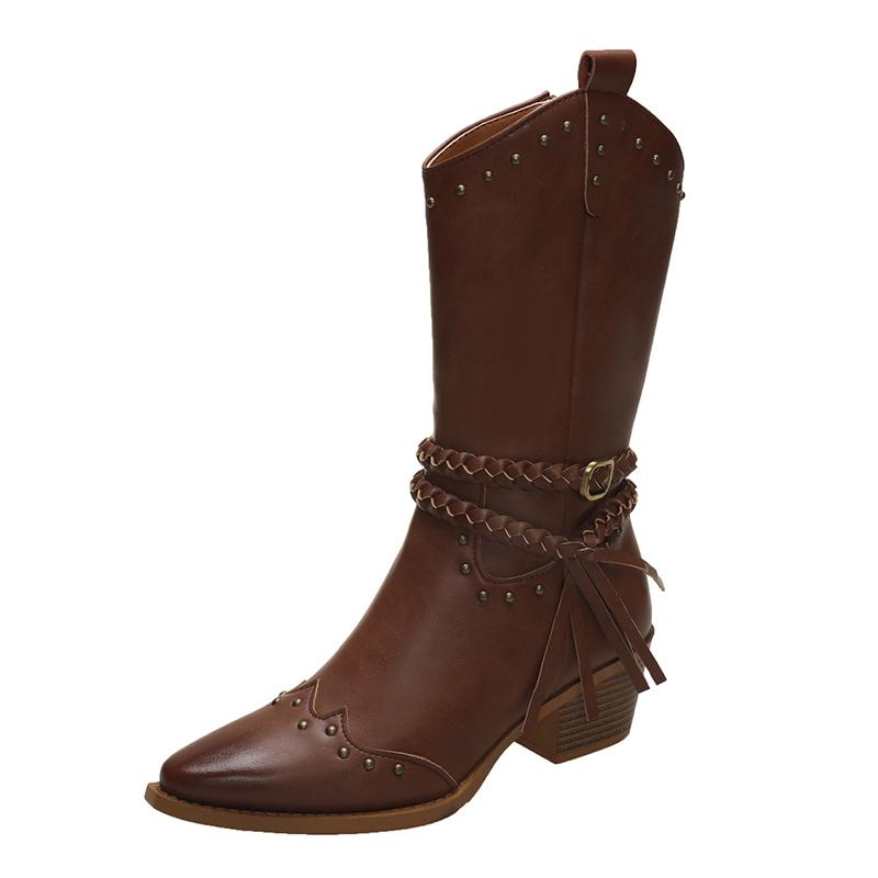 Мода 2024 года. Новые сапоги в стиле ретро из искусственной кожи. Женские сапоги до середины голени с пряжкой на ремне и заклепками. Ковбойские сапоги в стиле панк на высоком квадратном каблуке.