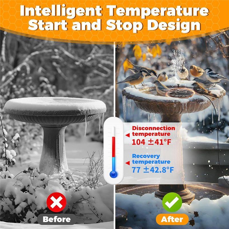 J1UL1N Bird Bath Heater, 70W Submersible Pond Deicer Bird Bath Deicer Birdbath Water Heater Thermostatic Control US Plug