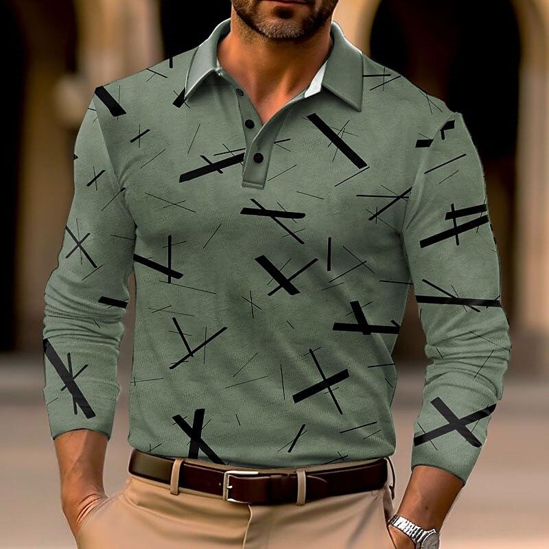 Men's Geometric Print Golf Shirt Long Sleeve Polo Shirt Lapel Business Casual Formal Button 3D Printing Autumn and Winter