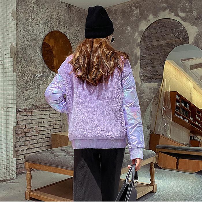 New Fashion Autumn Winter Women's Short Glossy Stand-up Collar Lamb Wool Stitching Down Cotton Jacket Pure Color Zipper Cotton Jacket