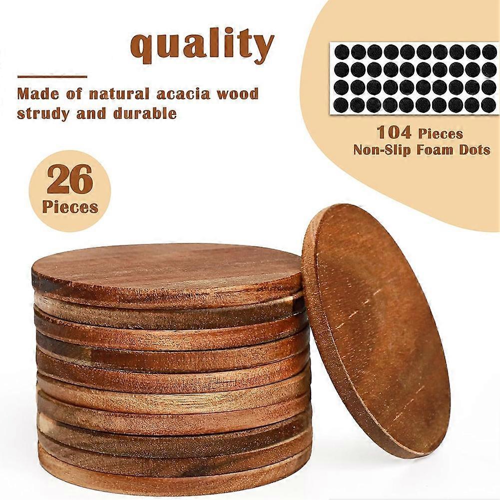 26 Pieces Unfinished Wood Coasters, 4 Inch Round Acacia-Wooden Coasters for Crafts with Non-Slip Silicon Dots