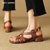 2024 Летняя женская обувь с квадратным носком и толстым каблуком, женские сандалии на высоком каблуке, женская обувь, повседневная кожаная обувь для женщин, натуральная кожа
