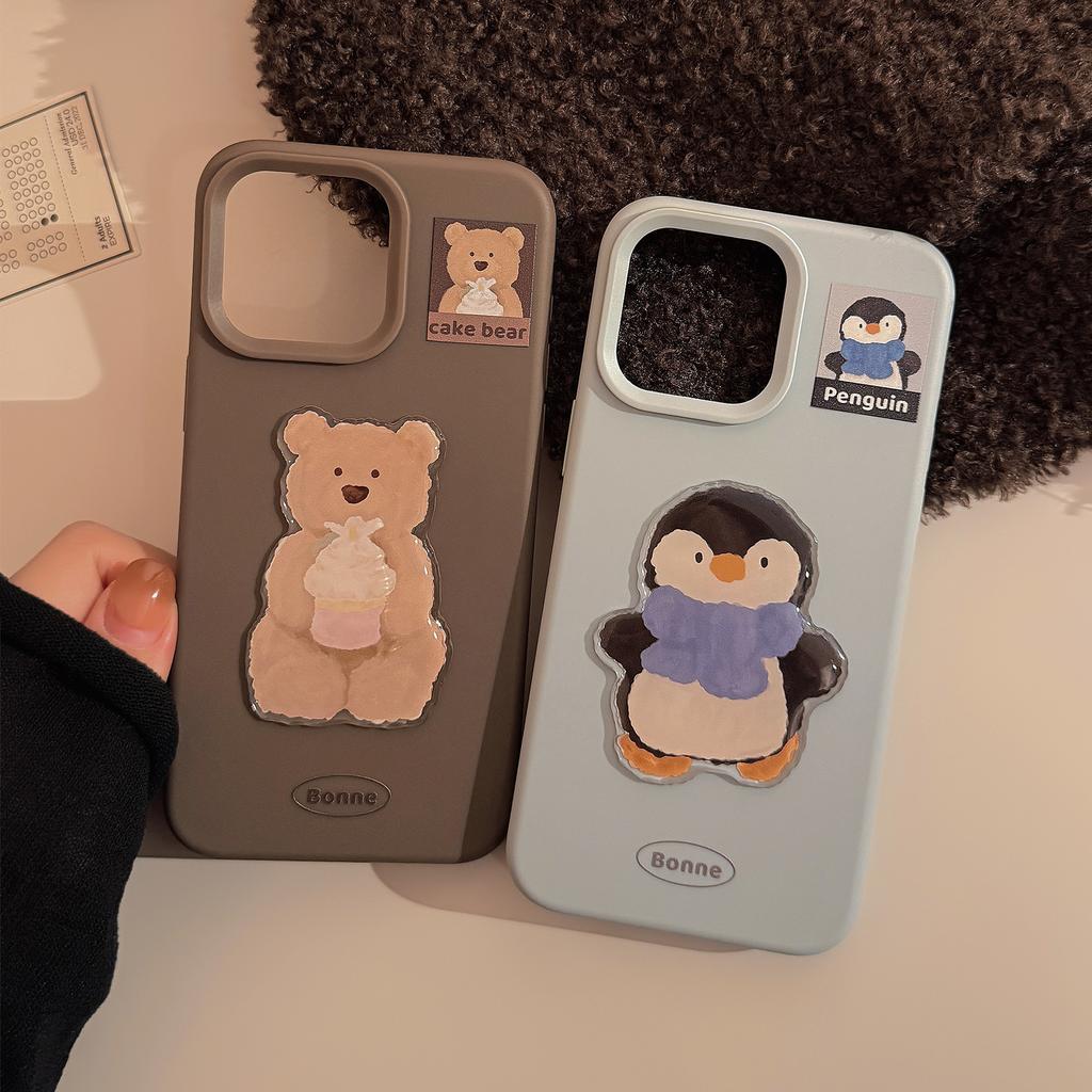 Suitable for Apple 16 phone case 17 Pro Max oil painting bear penguin iPhone 14 3D 13 Korean style 12 silicone