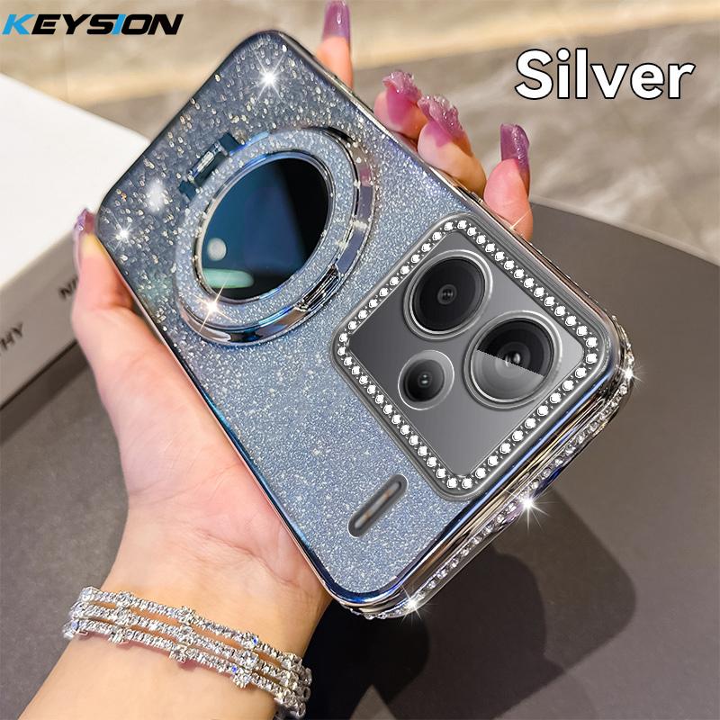 KEYSION Glitter Jewelled Magnetic Phone Case for Redmi Note 13 4G 13 Pro+5G Mirror Stand Shockproof Cover for Xiaomi POCO X6 M6 Pro