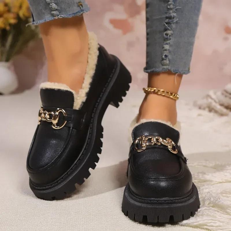 Thick Sole Small Leather Shoes for Women British Style Black Soft Single Winter New Plush Shoes for Women Platform Shoes