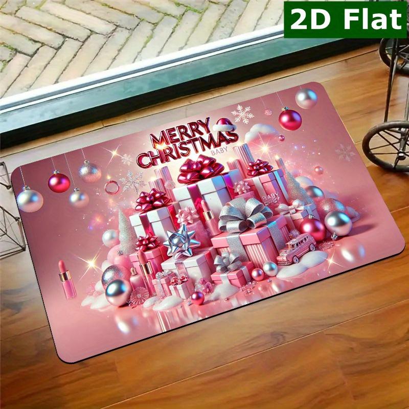 One Rectangular Doormat, Featuring a Pink Christmas Gift Design, Serves As a Welcoming Mat. It Is Non-Slip And Easy to Clean, Making It Ideal for Vari
