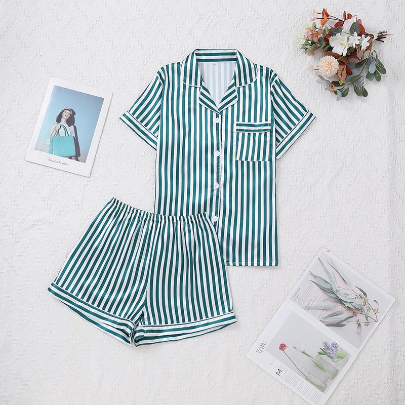 Женский пижамный комплект в полоску из сатина: Кардиган с коротким рукавом и шорты с эластичным поясом