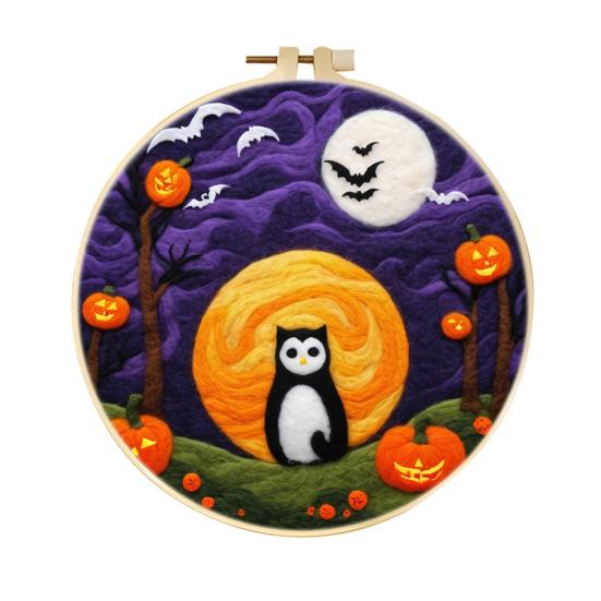 Halloween Needle Felting Kit Beginner Felt Craft Set DIY Felt Painting with Faux Wool Needle Frame Stamped Fabric for Adults Handcraft Lovers