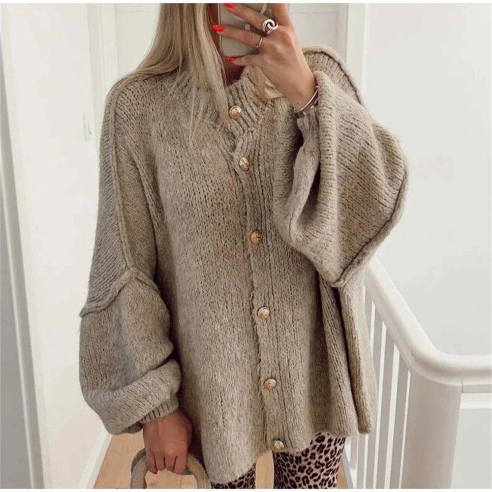 Fashion Loose Sweater for Women O-neck Metal Button Cardigan Single Breasted Autumn Winter Casual Coat Female Outfit Tops