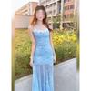 Seaside Vacation Wind Blue Floral Mesh Suspender Dress Women's Summer Beautiful Hip-wrapped Fishtail Long Skirt