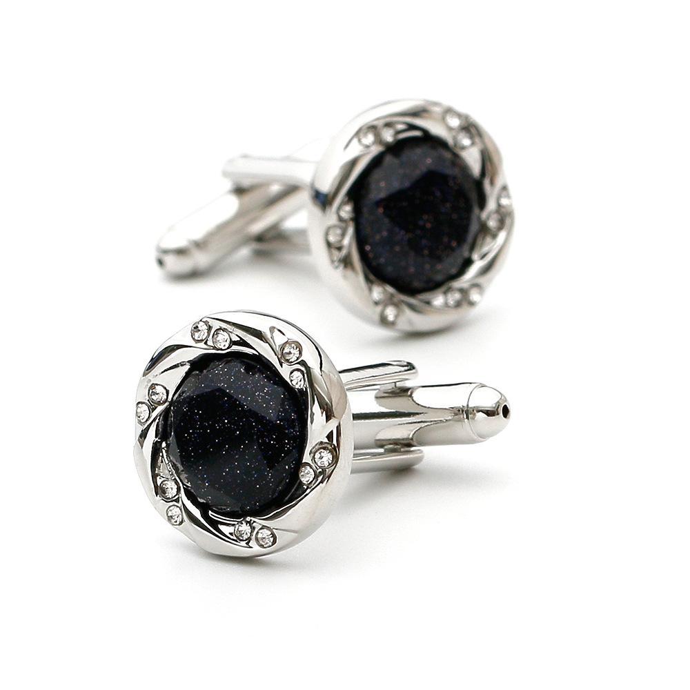 Men's Cufflink Set, Black Blue Sandstone with Rhinestone Cufflinks, Comes with an Gift Box.