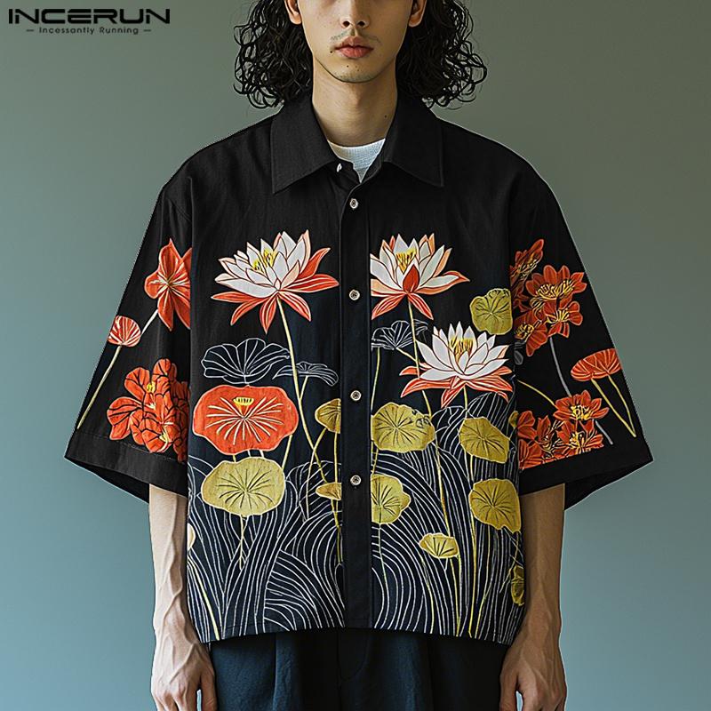 INCERUN Мужские повседневные рубашки оверсайз свободного кроя с лацканами и коротким рукавом с цветочным принтом
