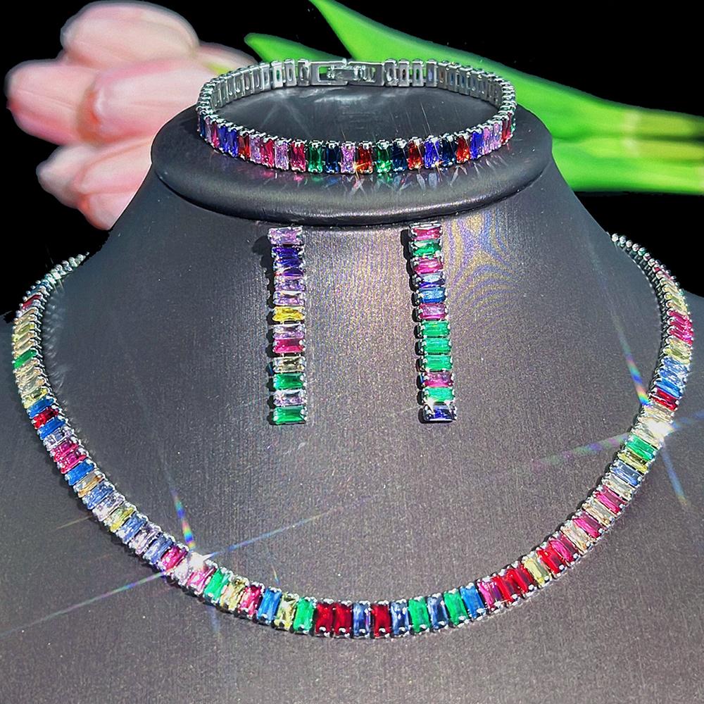 CMM 3 шт. топ блестящие многоцветные CZ индийские круглые колье-колье серьги браслет комплект ювелирных изделий выпускной банкетный костюм платье аксессуары