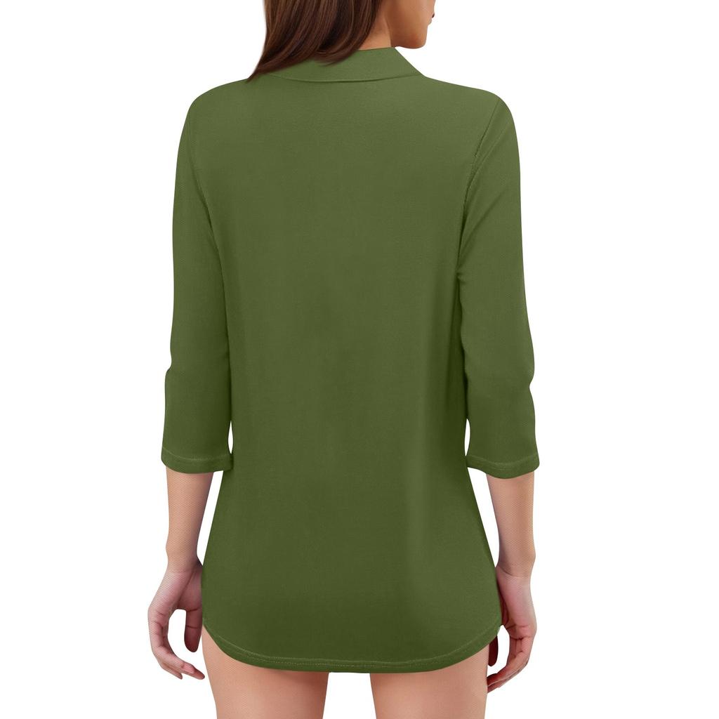 Women's Fashion Casual Lapel Short 3/4 Sleeve Solid Color Shirt Women's V-Neck Tops