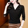 Cross V-neck Mesh T-shirt for Women's Autumn Clothes New Black Lace Top Fashionable and Fashionable Inner Base Shirt