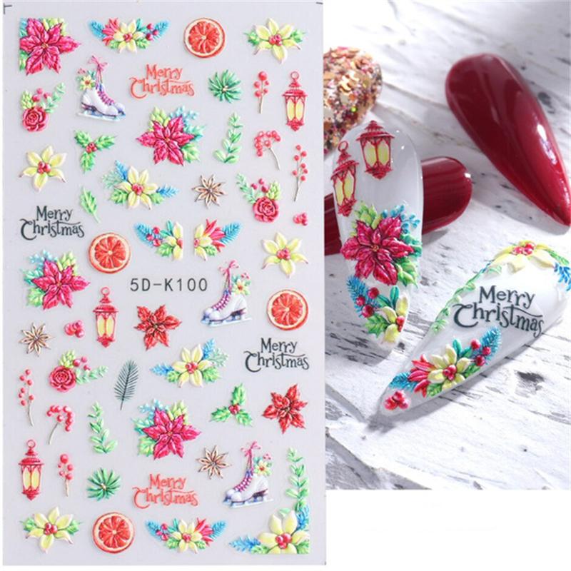 5D Nail Art Stickers Embossed Snowflake Snowman Bird Pattern Christmas Nail Stickers Nail Art Decor Decals