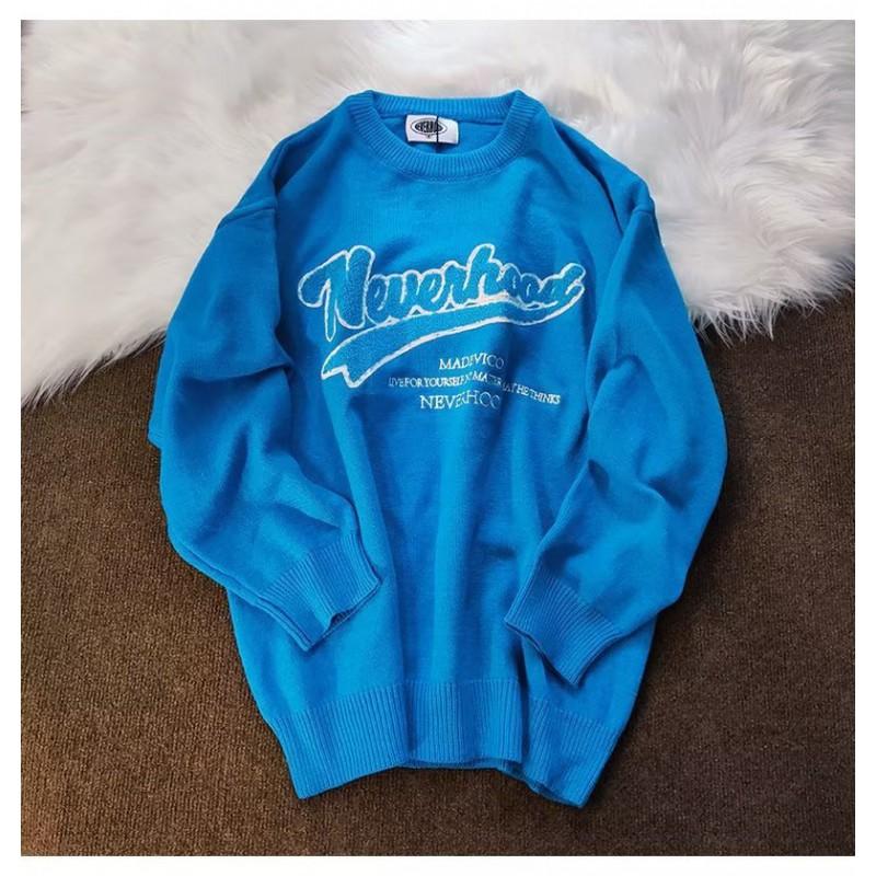 Unisex Oversized Retro Knit Sweater With Embroidered Letters Casual Cotton Blend Pullover Winter