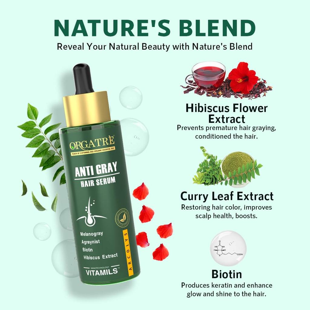 Сыворотка для волос nti-Gray с Arcolys, Melanogray, маслом черного тмина и экстрактом гибискуса | Легкая, нелипкая формула, без парабенов и без жестокого обращения с животными, 50 мл