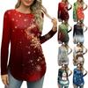 Womens Long Sleeve Round Neck Shirts Side Split Basic Loose Tunic Tops Christmas Print  Casual Shirts