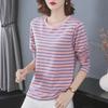 2024 Korean Autumn Large Size Loose Long-Sleeve Striped Cotton T-Shirt for Women