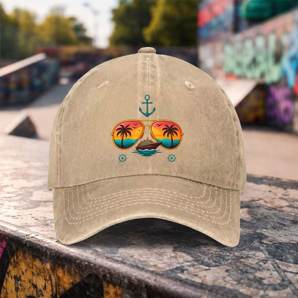 Cruise Beach Sunglasses Graphic Washed Baseball Cap Summer Outdoor Adjustable Cotton Hat