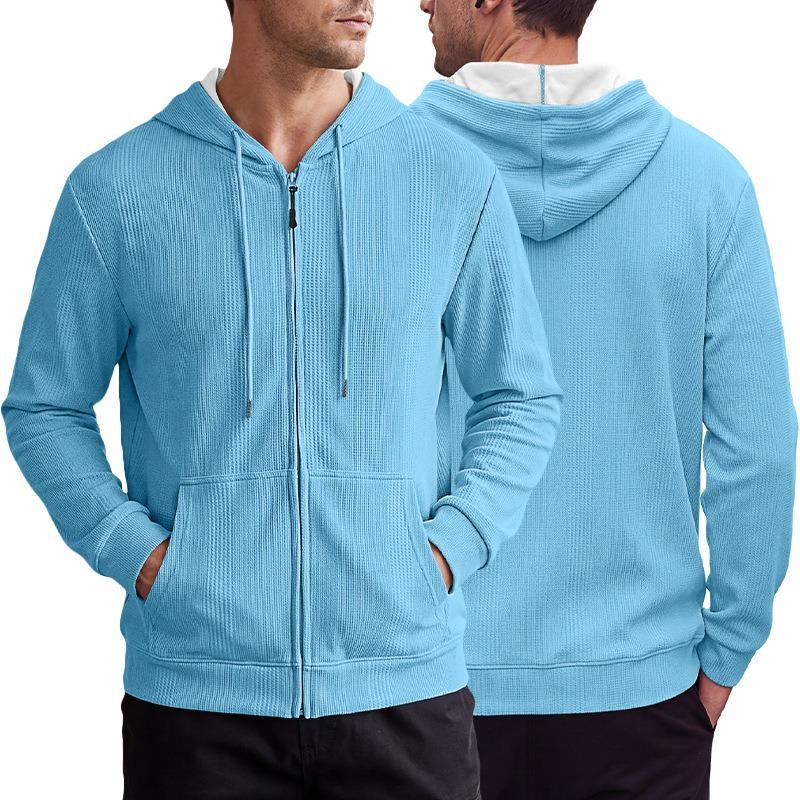 Men S Hooded Waffle Knit Zip Up Cardigan Sweatshirt Loose Fit Casual