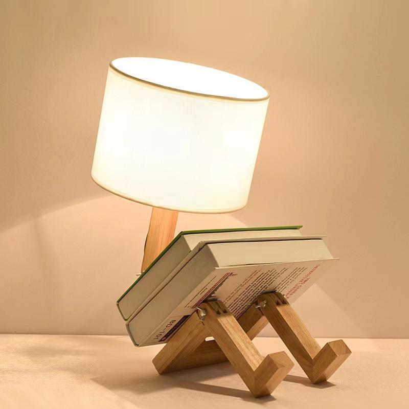 Nordic Wooden Robot Table Lamp: European Solid Wood Art for Bedroom or Bedside