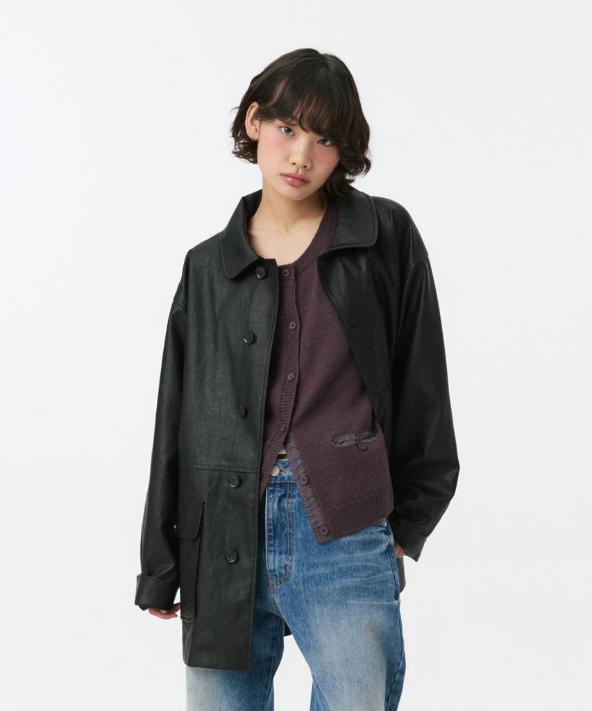 OHESHIO Signature Label Vegan Leather Jacket, Black