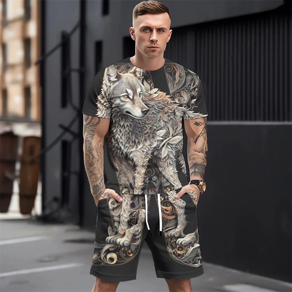 Летние мужские комплекты футболок, модная одежда с 3D принтом животных, необходимая одежда для мужчин, повседневный спортивный костюм, спортивный костюм из двух предметов для бега, спортзала