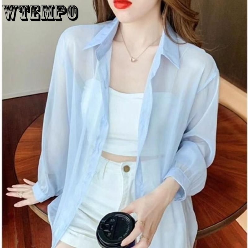 WTEMPO Summer Women's Sunscreen Cardigan Thin Jacket Chiffon Tops Korean Temperament Loose Long-sleeved