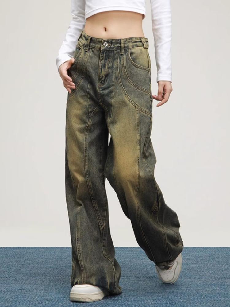 Винтажные джинсы желтого цвета грязи с высокой талией, женские прямые мешковатые джинсовые брюки в стиле ретро 90-х годов, женские уличные брюки Y2k, повседневные широкие брюки