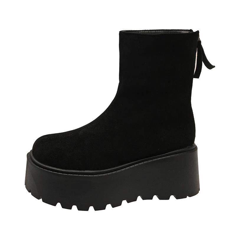 Модные женские зимние ботинки на толстой подошве, нескользящие, с круглым носком, сохраняющие тепло, с молнией сзади, на платформе, замшевые, на высоком каблуке, однотонные ботильоны