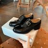 Cowhide Version~ High-end Square Round Head Leather Women's Buckle Belt Thick Heel Oxford Shoes British Black Small Leather Shoes