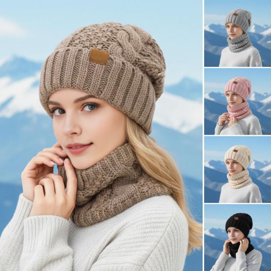 2Pcs/Set Women Hat Scarf Set Solid Color Twist Texture Warm Thermal Knit Hat Neck Scarf Set Winter Outdoor Accessories