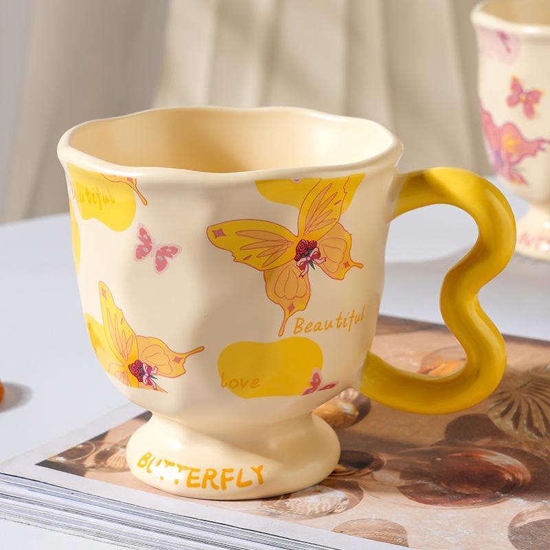 Ins Style Flower Goblet Cute Strap Home Single Cup Nordic Ceramic Cup Butterfly Pastoral Mug Set